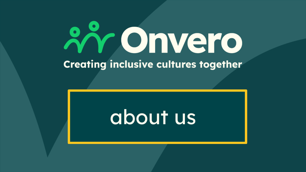 Onvero logo above a box in sunset yellow with the text "about us".