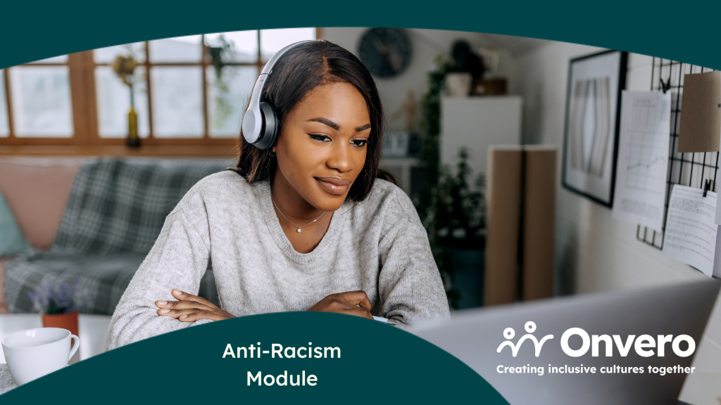 The image shows a black female sitting at a desk, wearing headphones and smiling at the screen as she listens. It is overlaid with a teal graphic, showing the Onvero logo in white and the name of the e-learning course.