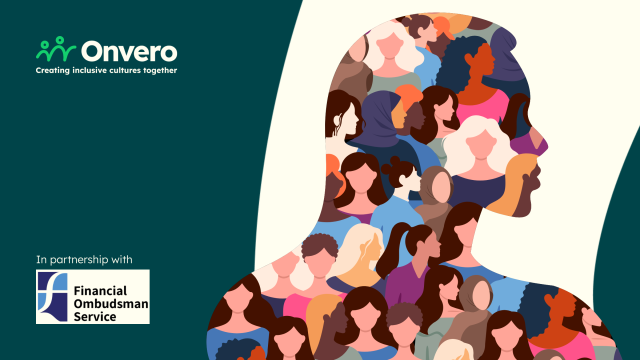 The image features a large profile silhouette of a female form filled with diverse illustrated depictions of women, each varying in colour and hairstyle, symbolising diversity. In the top left corner is the Onvero logo. At the bottom left is the phrase "In partnership with" followed by the Financial Ombudsman Service logo.
