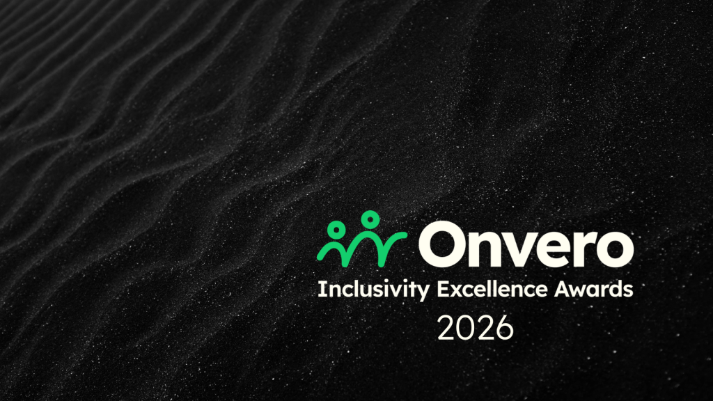 Black shimmering textured background with the Onvero Inclusivity Excellence Awards 2026 logo in the corner.
